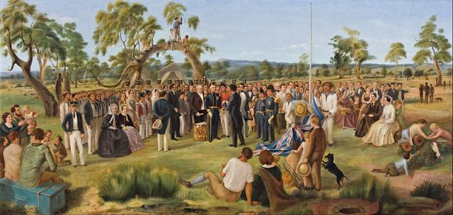 The Proclamation of South Australia 1836 by Charles Hill (c.1856-76). Note the very respectable ladies seated in the crowd.