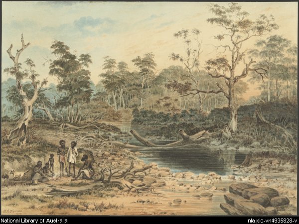 'Aboriginal family group on the Onkaparinga River near Hahndorf, South Australia, 1870' by William Thomas (http://nla.gov.au/nla.pic-vn4935828)